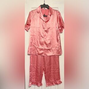 Satin Short-Sleeve Pink Pajama Set with Ruffle Pants